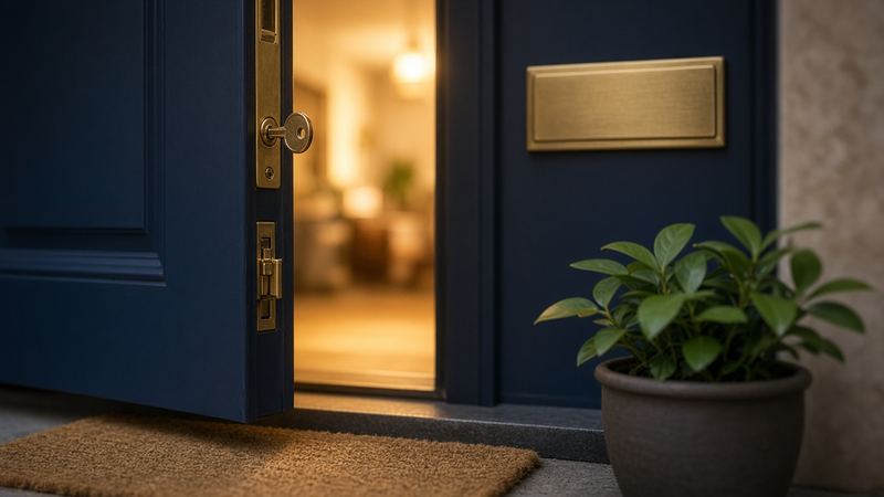 Illustrative image: a navy front door standing open with warm light inside and a house key in the lock