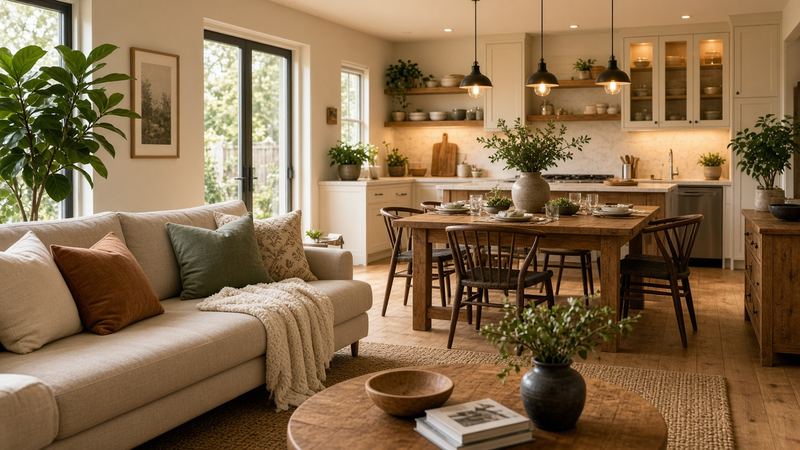Illustrative image: a bright, tidy living room with a sofa, dining table and large windows