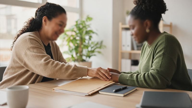 Illustrative image: two people sitting at a table in a supportive conversation with their hands on a folder